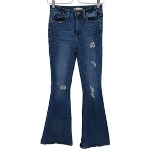 SO Women 27 Junior 5 High Rise Flare Blue Denim Jeans Distressed Stretch Pockets